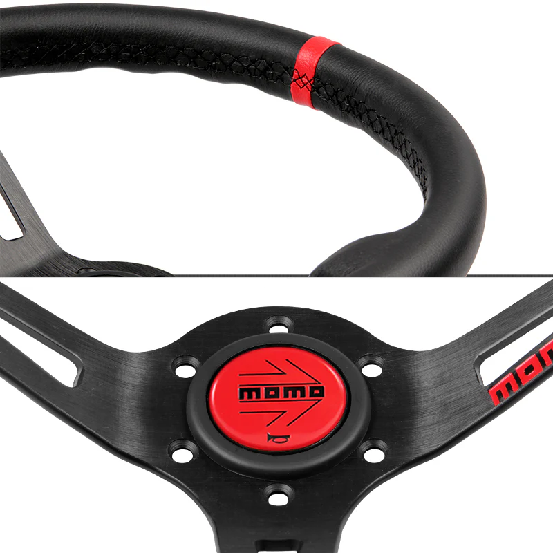 Red Line 350mm MOMO Racing Deep Dish Steering Wheel Microfiber Leather with Red MOMO Horn Button - Image 2