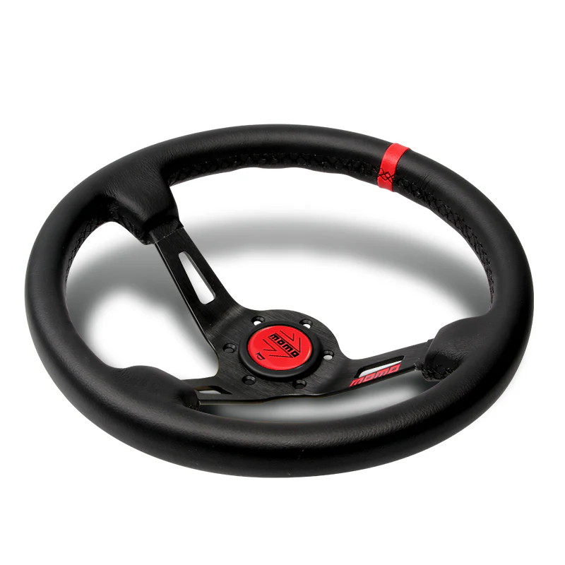 Red Line 350mm MOMO Racing Deep Dish Steering Wheel Microfiber Leather with Red MOMO Horn Button - Image 3