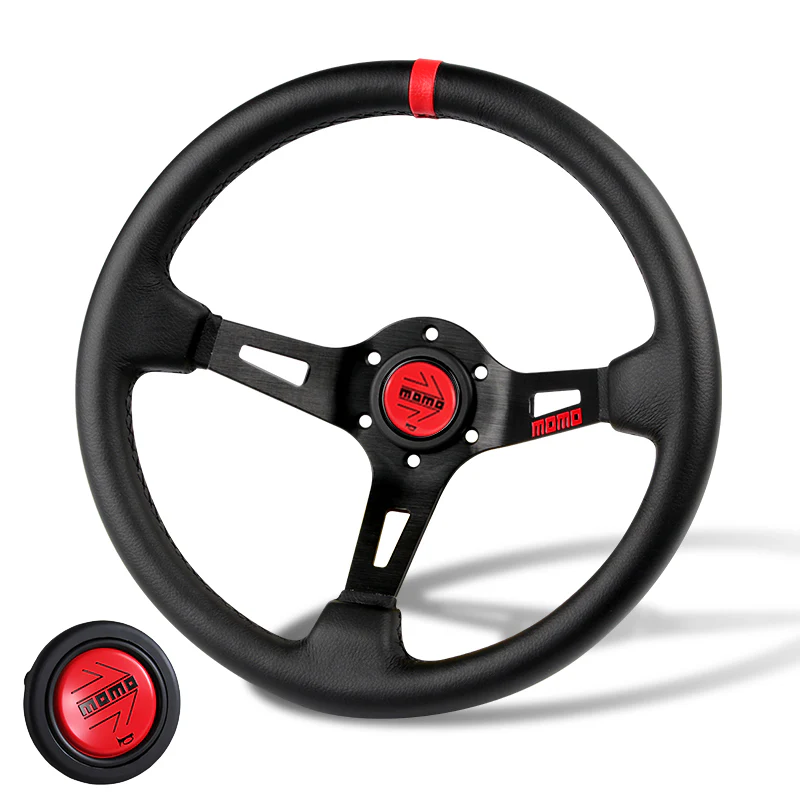 Red Line 350mm MOMO Racing Deep Dish Steering Wheel Microfiber Leather with Red MOMO Horn Button - Image 5