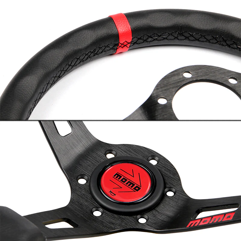 Red Line 350mm MOMO Racing Deep Dish Steering Wheel Microfiber Leather with Red MOMO Horn Button - Image 6
