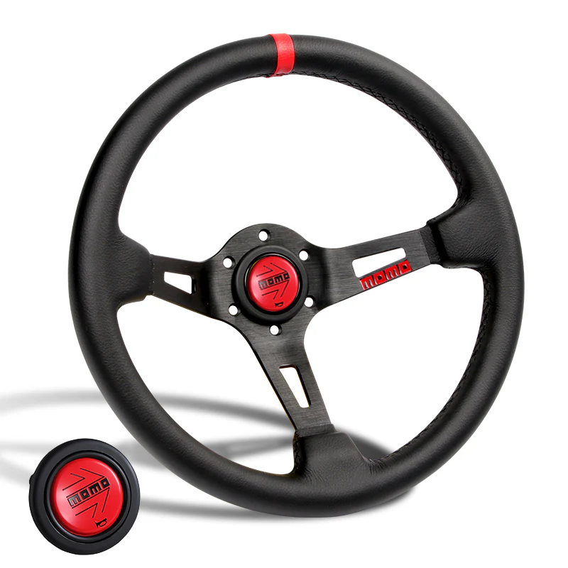 Red Line 350mm MOMO Racing Deep Dish Steering Wheel Microfiber Leather with Red MOMO Horn Button - Image 8
