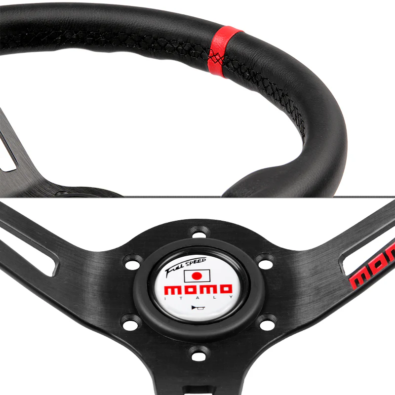 Red Line 350mm MOMO Racing Steering Wheel Microfiber Leather with MOMO Horn Button - Image 5