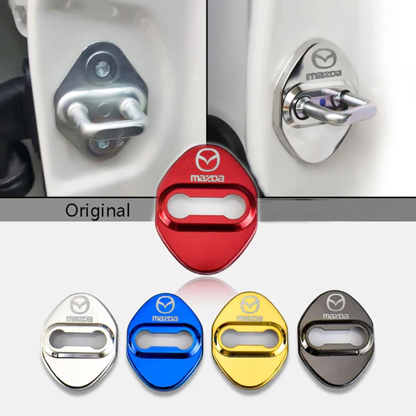 Red Mazda Stainless Steel Door Lock Door Striker Buckle Lock Protective Cover Set - 4 pcs - Image 2