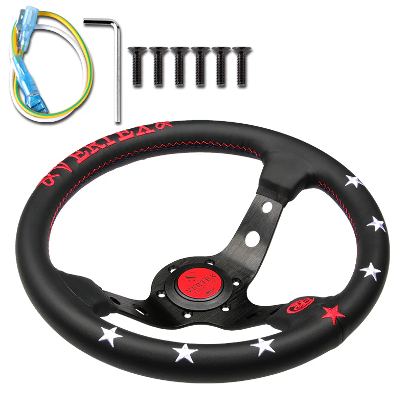 Red Stitch 7 STARS 330mm Vertex Leather Deep Dish Steering Wheel For OMP MOMO Racing - Image 3