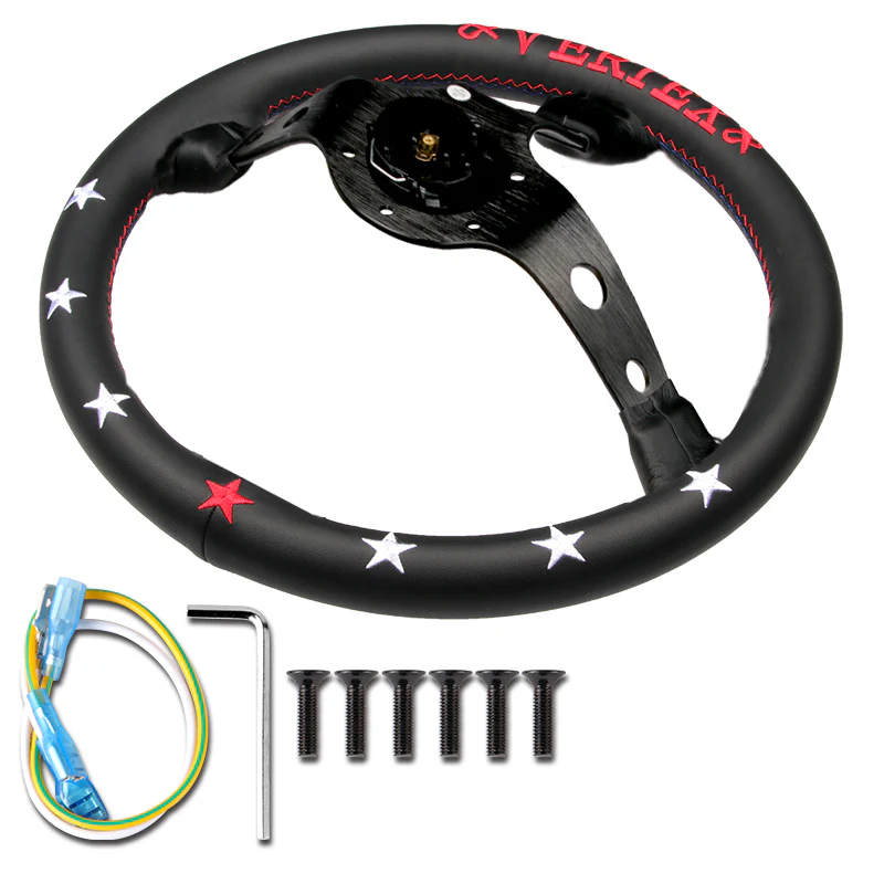 Red Stitch 7 STARS 330mm Vertex Leather Deep Dish Steering Wheel For OMP MOMO Racing - Image 4