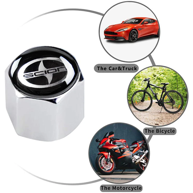 Scion Universal Car SUV Wheel Tire Valves Dust Stem Air Caps Keychain Emblem Silver Set - Image 4