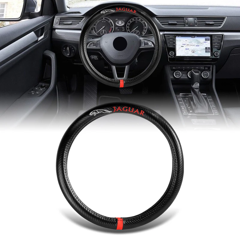 JAGUAR Set of Car 15" Steering Wheel Cover Carbon Fiber Style Leather with Seat Belt Covers - Image 11