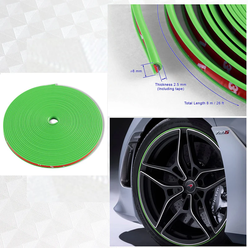 Silver 16.4 ft Interior Edge Gap Line Moulding Trim Molding Strip & Neon Green Rim Protector Set Auto Car Décor - Image 2