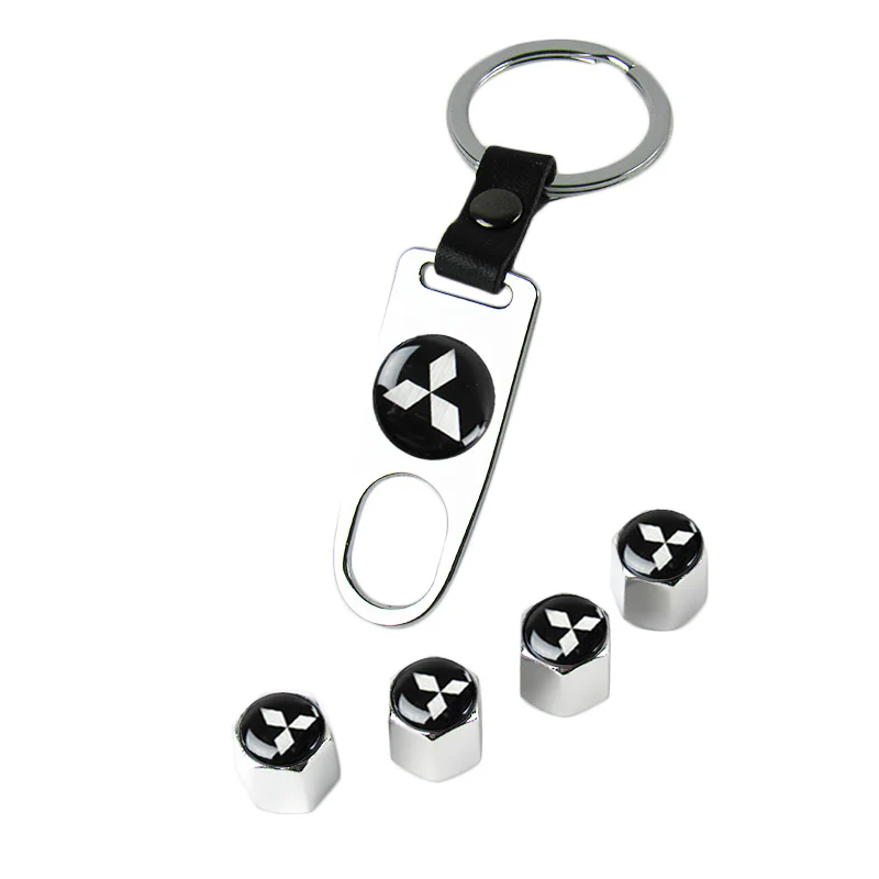 Silver MITSUBISHI Universal Car SUV Wheel Tire Valves Dust Stem Air Caps Keychain Emblem Set - Image 5