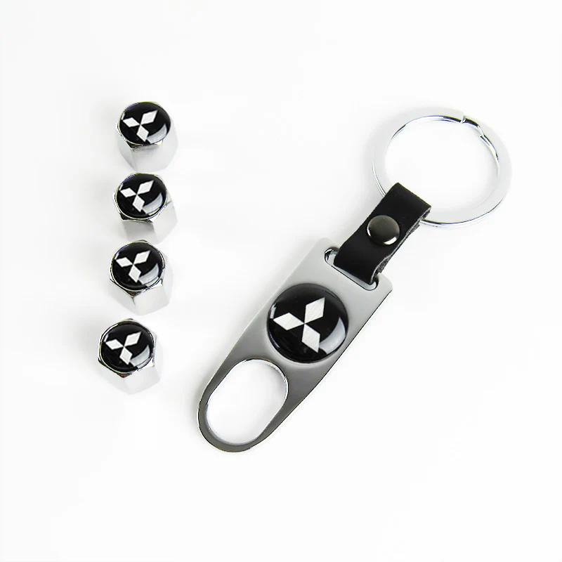 Silver MITSUBISHI Universal Car SUV Wheel Tire Valves Dust Stem Air Caps Keychain Emblem Set - Image 7