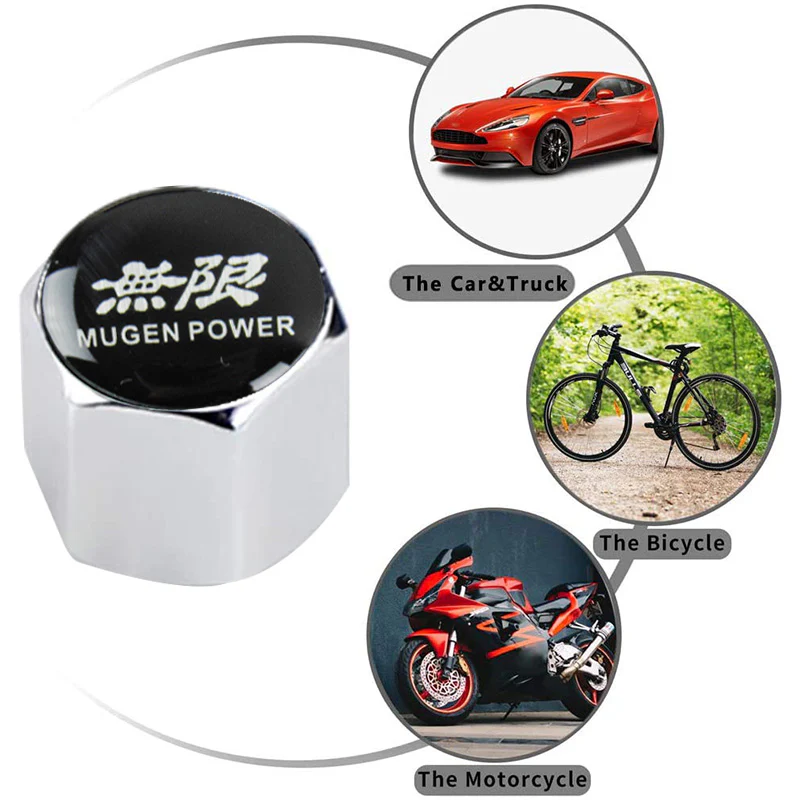 Silver Mugen Universal Car SUV Wheel Tire Valves Dust Stem Air Caps Keychain Emblem Set - Image 4
