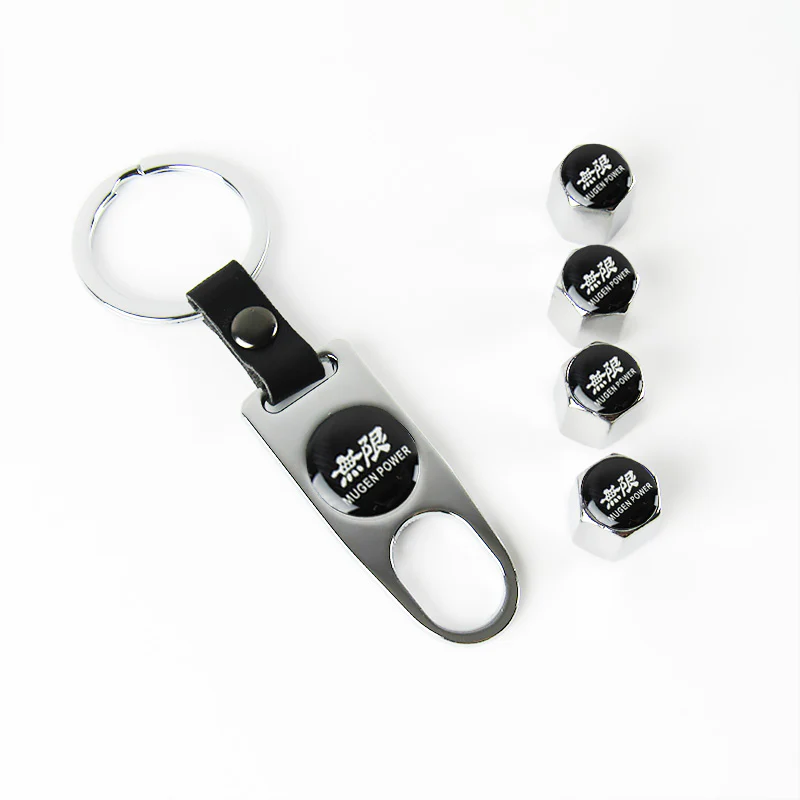Silver Mugen Universal Car SUV Wheel Tire Valves Dust Stem Air Caps Keychain Emblem Set - Image 6