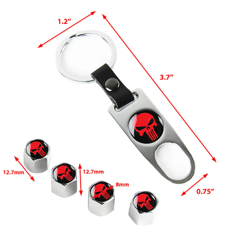 Silver Punisher Skull Car Wheel Tire Valves Dust Stem Air Caps Keychain Emblem Set - Image 3