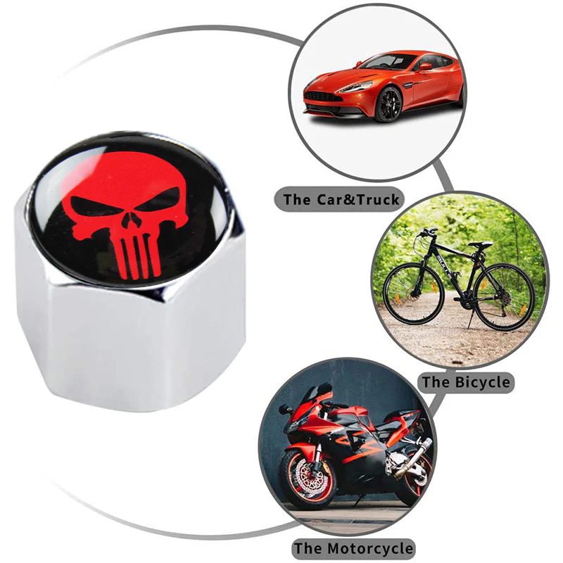 Silver Punisher Skull Car Wheel Tire Valves Dust Stem Air Caps Keychain Emblem Set - Image 4