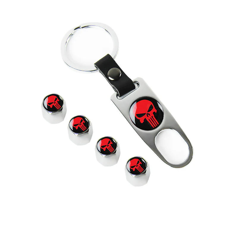 Silver Punisher Skull Car Wheel Tire Valves Dust Stem Air Caps Keychain Emblem Set - Image 5