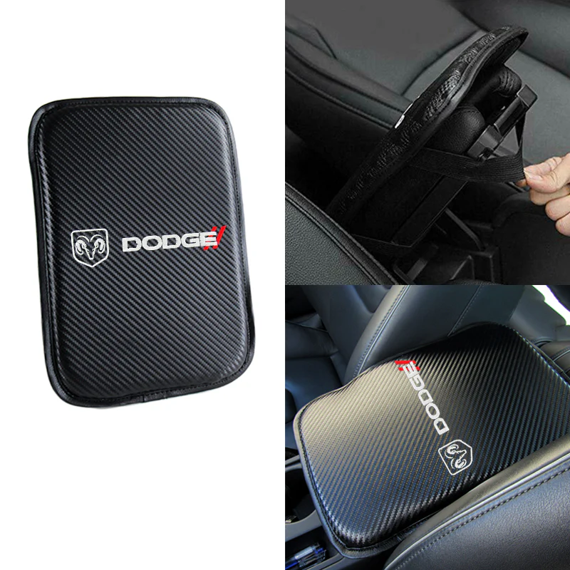 SRT DODGE Embroidered Set Armrest Cushion Center Console Cover Pad Mat with Seat Belt Cover Carbon Fiber Look - Image 2