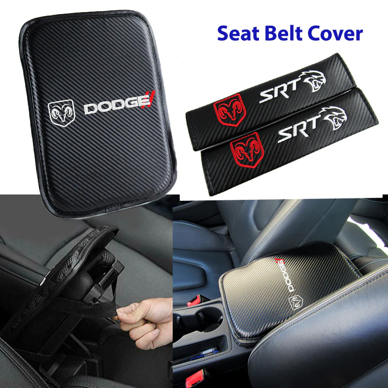 SRT DODGE Embroidered Set Armrest Cushion Center Console Cover Pad Mat with Seat Belt Cover Carbon Fiber Look - Image 7