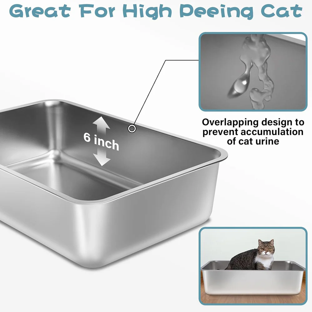 Stainless Steel Litter Box 2 Pack, Deep Stainless Steel Cat Litter Box, XL, 19.7"x13.7"x6" - Image 2