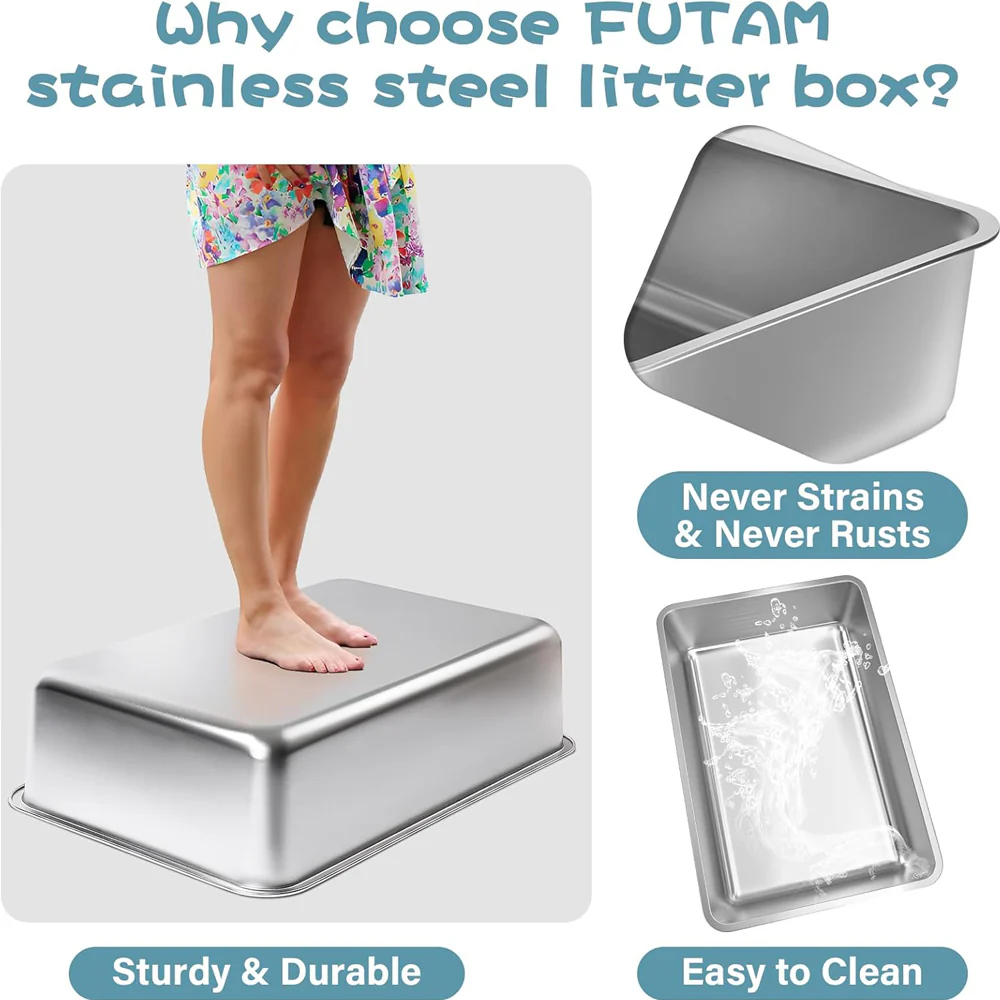Stainless Steel Litter Box 2 Pack, Deep Stainless Steel Cat Litter Box, XL, 19.7"x13.7"x6" - Image 3