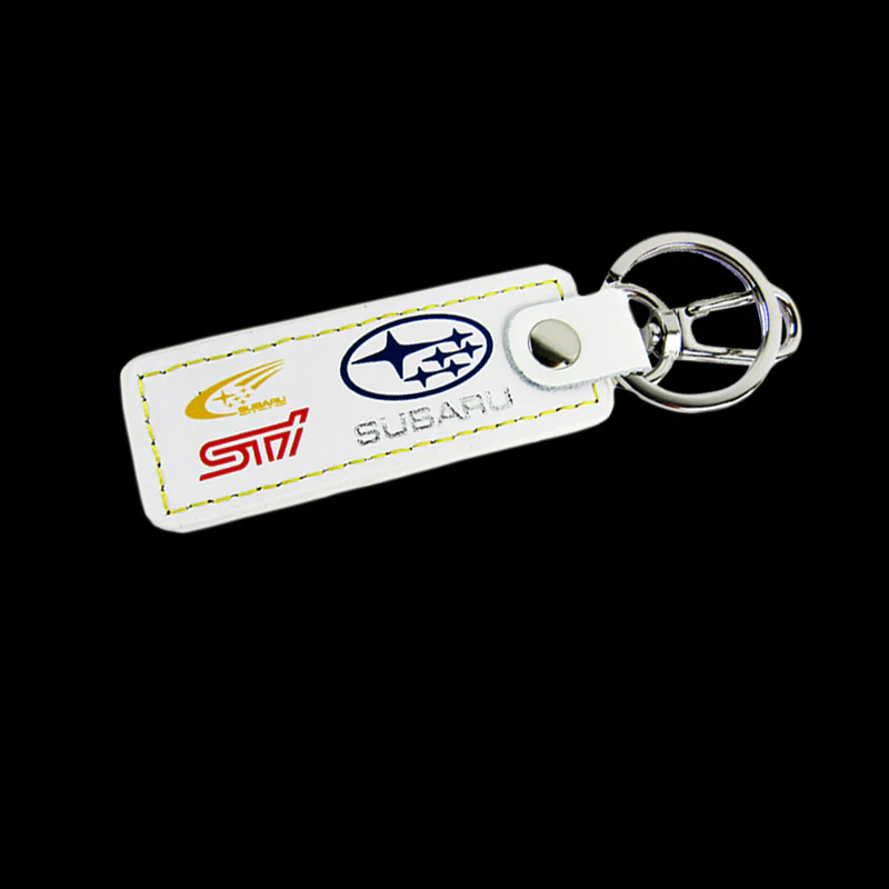 STi Impreza WRX STI BRZ Forester Crosstrek Legacy Outback 1 pc White Leather Rectangle Key Fob Keyring Keychain Tag Lanyard Holder Clip New - Image 2