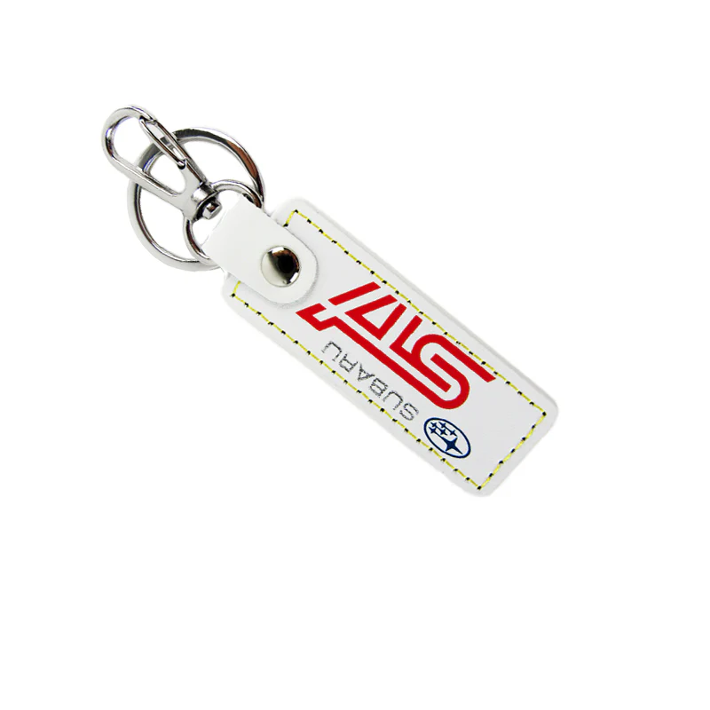 STi Impreza WRX STI BRZ Forester Crosstrek Legacy Outback 1 pc White Leather Rectangle Key Fob Keyring Keychain Tag Lanyard Holder Clip New - Image 3