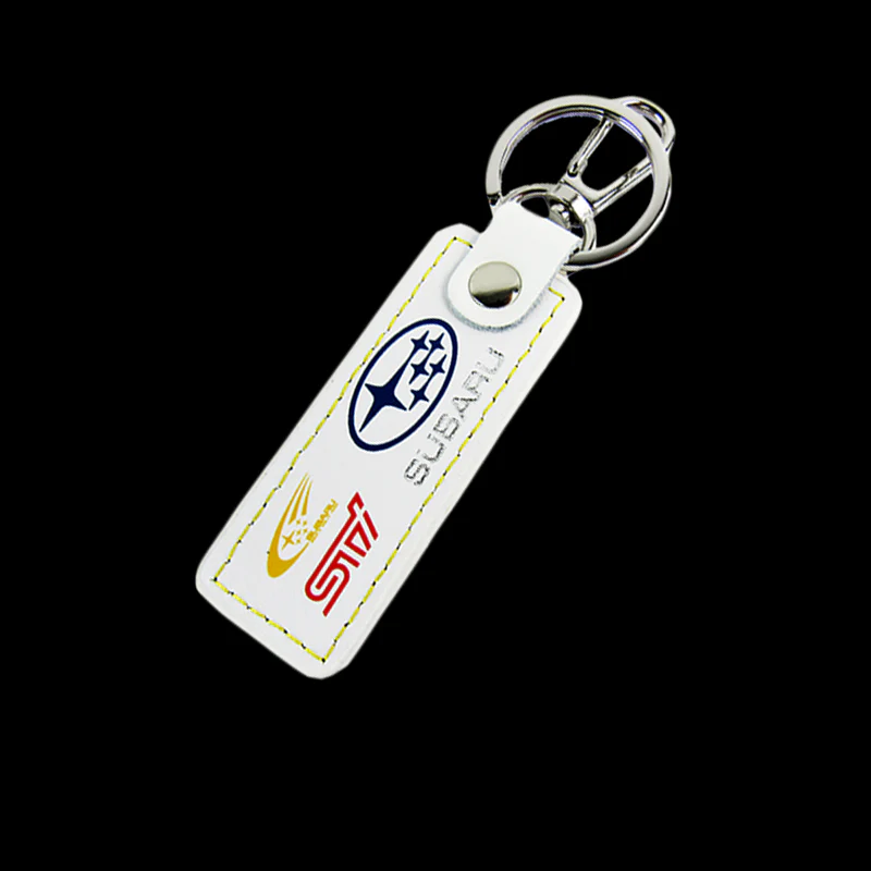 STi Impreza WRX STI BRZ Forester Crosstrek Legacy Outback 1 pc White Leather Rectangle Key Fob Keyring Keychain Tag Lanyard Holder Clip New - Image 6