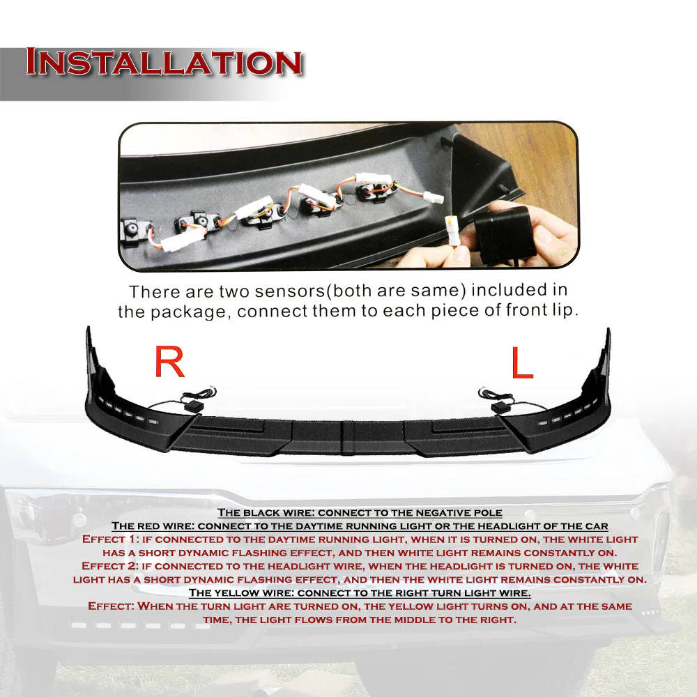 STP Style For 2013-2018 Ram 1500 / 2019-2024 Ram 1500 Classic Front Bumper Lip Spoiler Splitter With LED Sequential Light -Unpainted Black - Image 6
