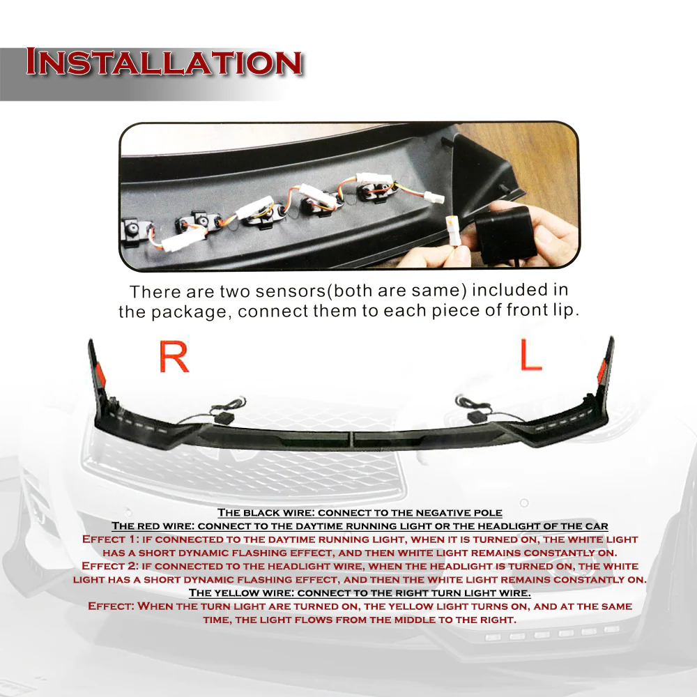 STP-Style For 2014-2017 Infiniti Q50 Luxe / Base Front Bumper Lip With LED Sequential Light -Unpainted Matte Black - Image 5