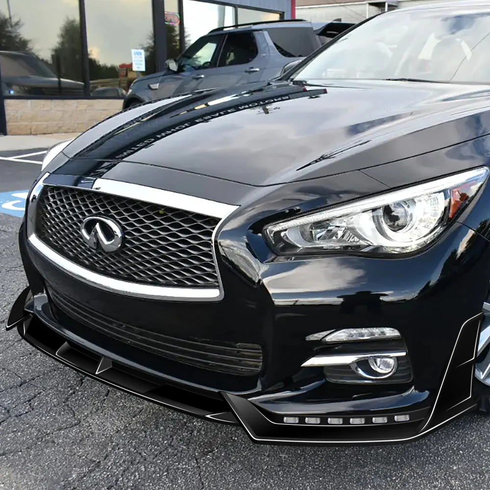STP-Style For 2014-2017 Infiniti Q50 Luxe / Base Front Bumper Lip With LED Sequential Light -Painted Black - Image 11