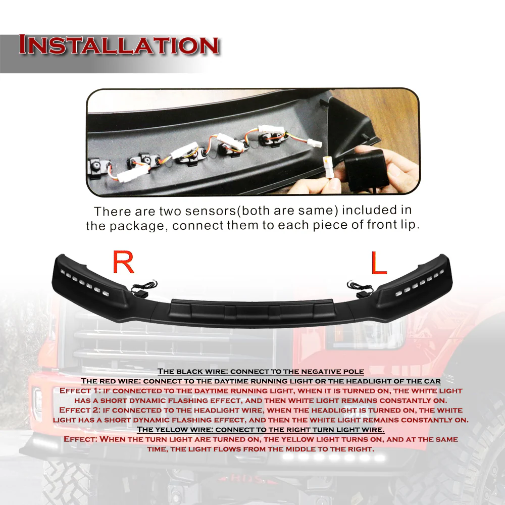STP-Style For 2015 2016 2017 Ford F-150 Front Bumper Lip Splitter With LED Sequential Light -Unpainted Matte Black - Image 6