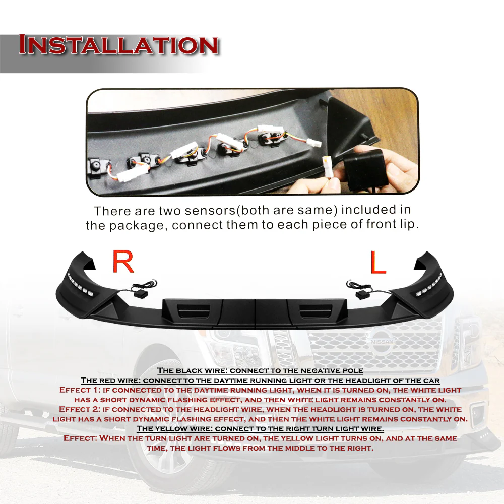 STP-Style For 2017-2019 Nissan Titan Front Bumper Lip Splitter With LED Sequential Light -Unpainted Matte Black - Image 6