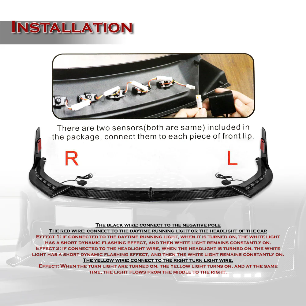 STP-Style For 2018-2023 Kia Stinger GT-Line Front Bumper Lip w/ LED Sequential Lights -Real Carbon Fiber - Image 3