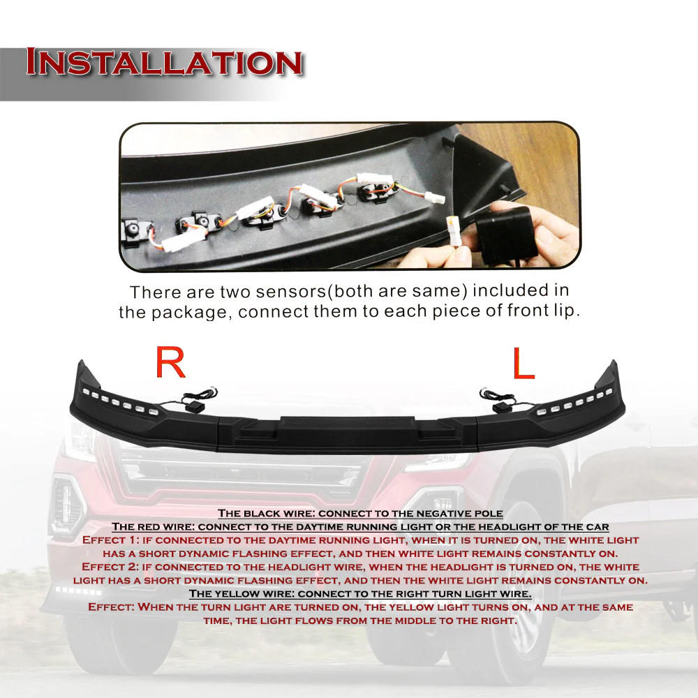 STP-Style For 2019-2021 GMC Sierra 1500 Front Bumper Lip Splitter With LED Sequential Light -Unpainted Matte Black - Image 6