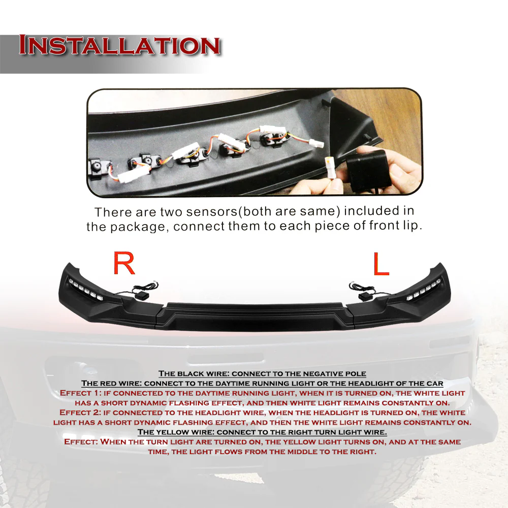 STP-Style For 2019-2023 Ford Ranger Front Bumper Lip Splitter With LED Sequential Light -Unpainted Matte Black - Image 4
