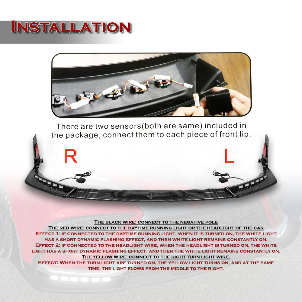 STP-Style For 2021 2022 2023 2024 Toyota Camry SE XSE Front Bumper Lower Lip Splitter With LED Sequential Light -Carbon Fiber Look - Image 8