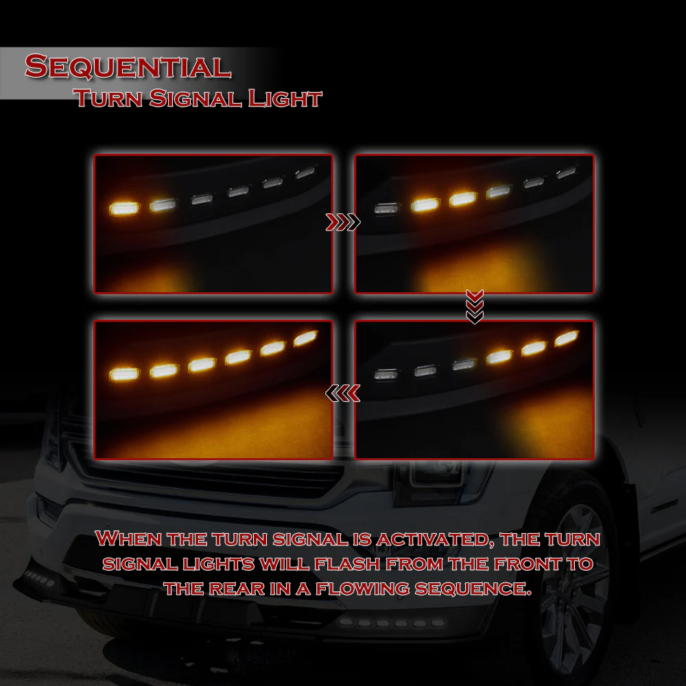 STP-Style For 2021-2023 Ford F150 Front Bumper Splitter Spoiler Lip 3PCS -Black With LED Sequential Running Lights - Image 7