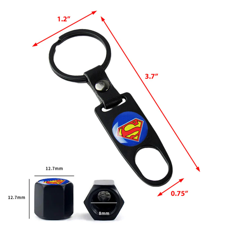 Superman Logo Universal Car SUV Wheel Tire Valves Dust Stem Air Caps Keychain Emblem Black Set - Image 3
