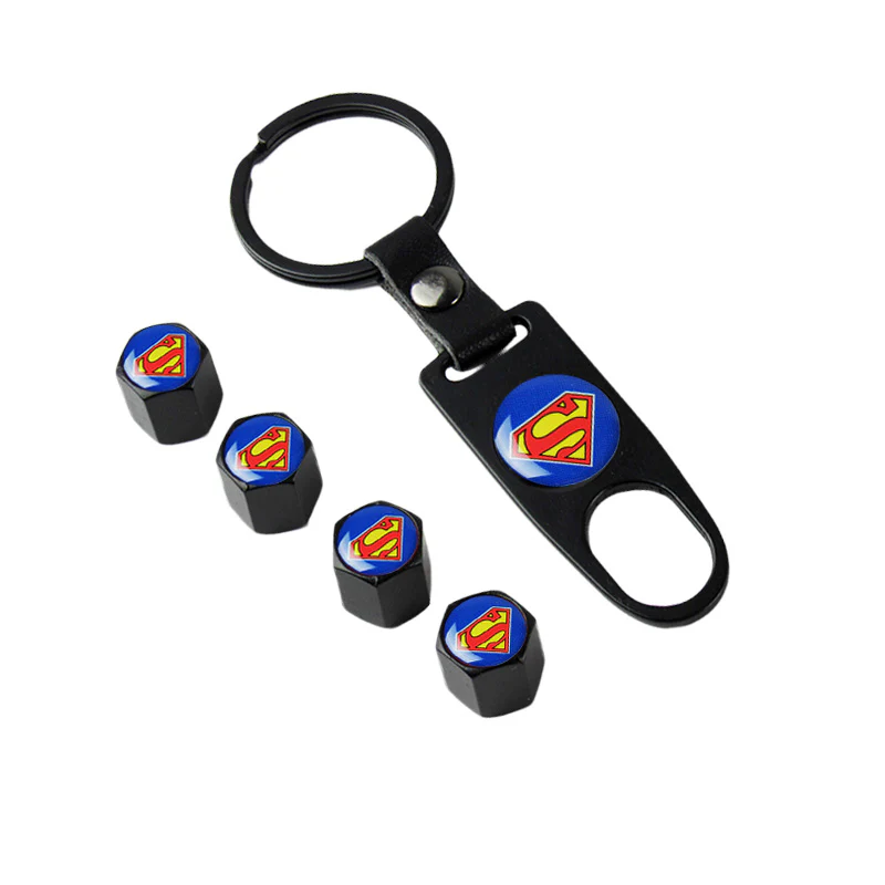 Superman Logo Universal Car SUV Wheel Tire Valves Dust Stem Air Caps Keychain Emblem Black Set - Image 5