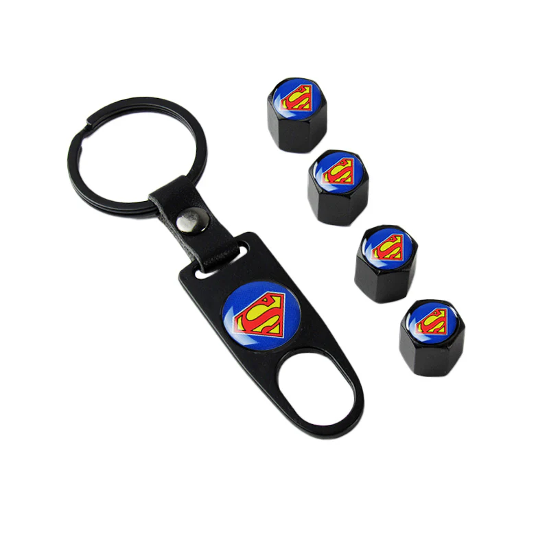 Superman Logo Universal Car SUV Wheel Tire Valves Dust Stem Air Caps Keychain Emblem Black Set - Image 6