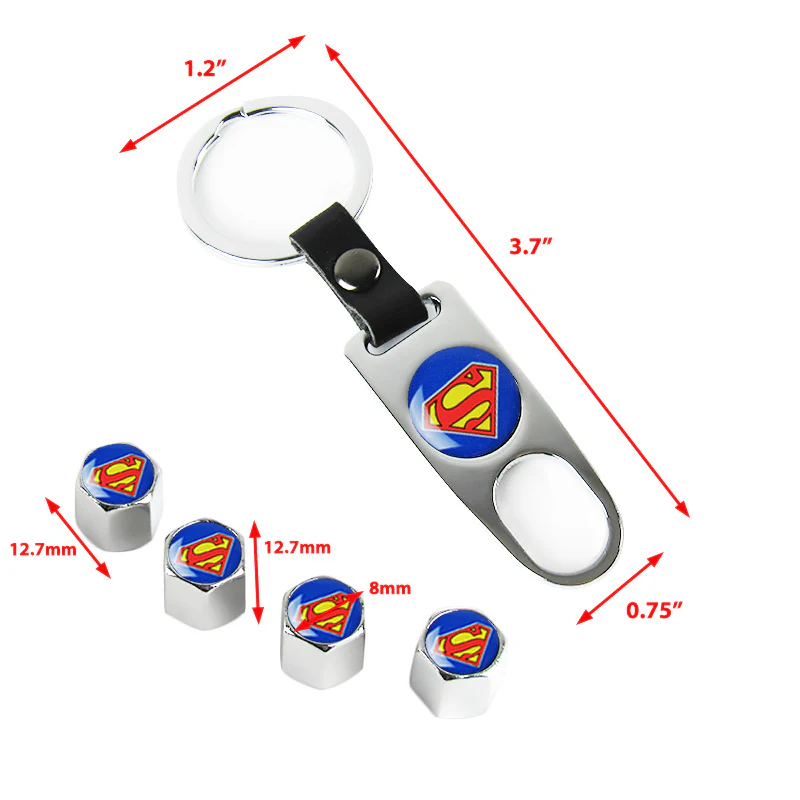 Superman Logo Universal Car SUV Wheel Tire Valves Dust Stem Air Caps Keychain Emblem Silver Set - Image 3
