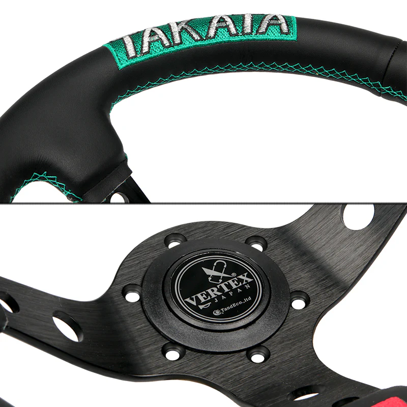TAKATA 330mm Vertex Leather Deep Dish Steering Wheel New Green Stitches Embroidery - Image 2