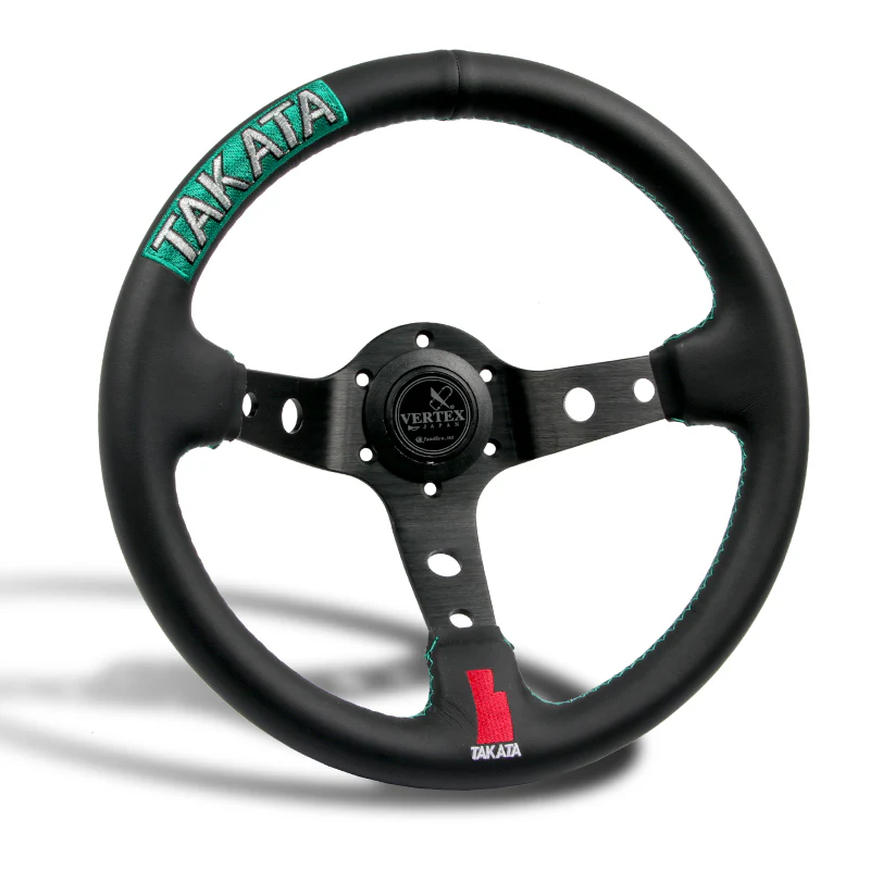 TAKATA 330mm Vertex Leather Deep Dish Steering Wheel New Green Stitches Embroidery - Image 4