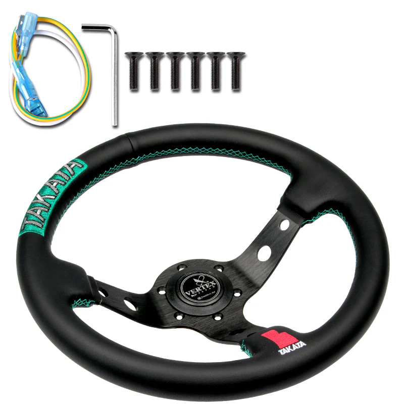 TAKATA 330mm Vertex Leather Deep Dish Steering Wheel New Green Stitches Embroidery - Image 5
