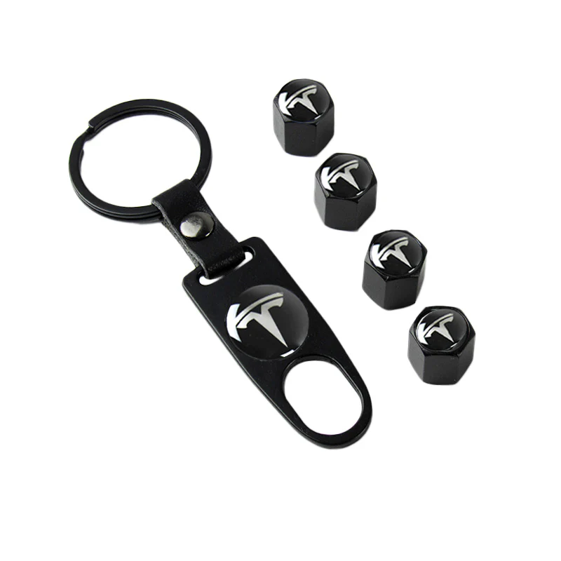 TESLA Set LOGO Emblems with Black Keychain Tire Valves Wheel Air Caps - US SELLER - Image 3