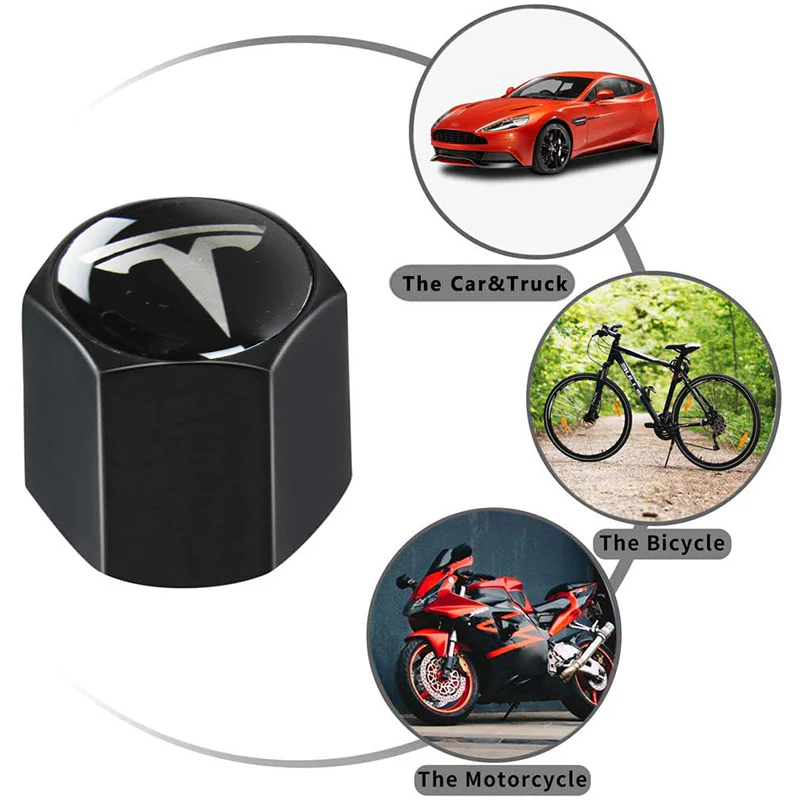 TESLA Set LOGO Emblems with Black Wheel Tire Valves Air Caps Keychain - US SELLER - Image 2