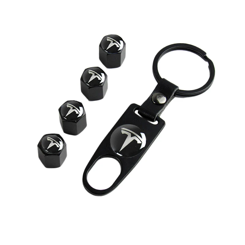 TESLA Set LOGO Emblems with Black Wheel Tire Valves Air Caps Keychain - US SELLER - Image 6