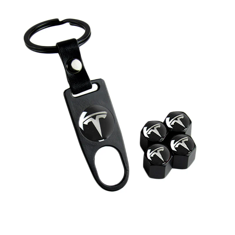 TESLA Set LOGO Emblems with Black Wheel Tire Valves Air Caps Keychain - US SELLER - Image 9