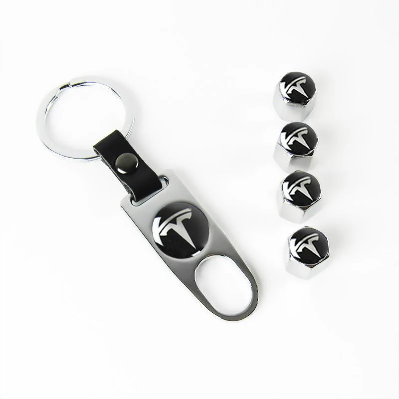 TESLA Set LOGO Emblems with Silver Keychain Tire Valves Wheel Air Caps - US SELLER - Image 6