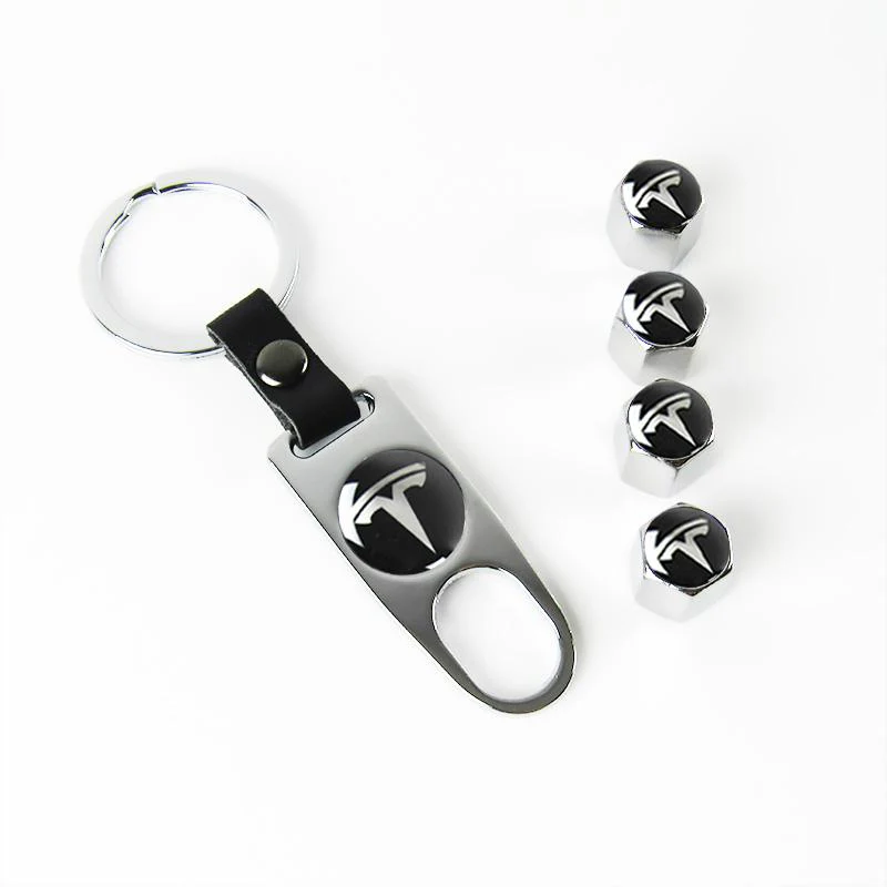 TESLA Set LOGO Emblems with Silver Tire Valves Wheel Air Caps Keychain - US SELLER - Image 6