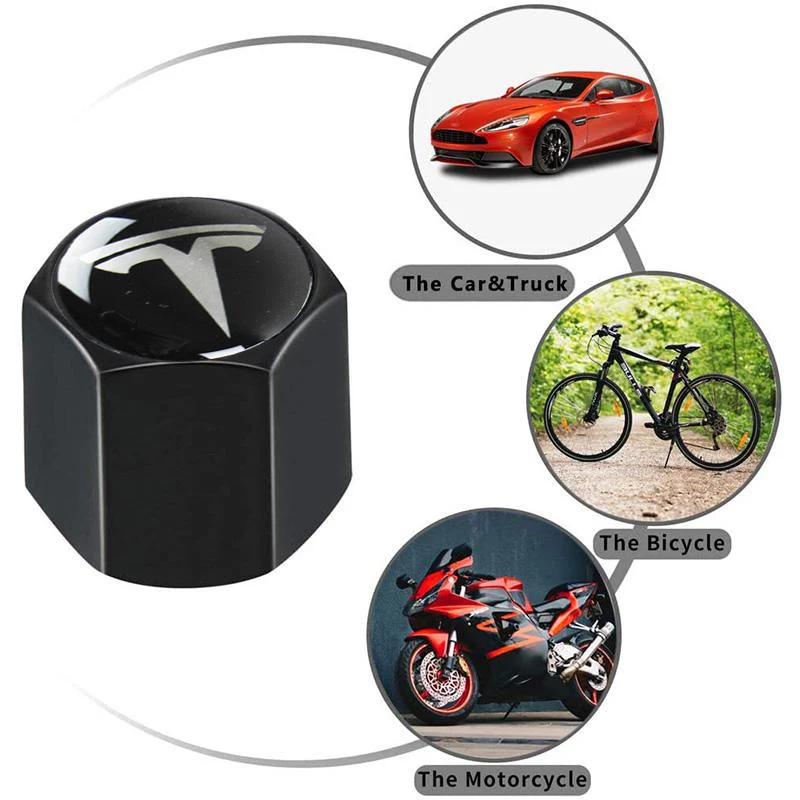 TESLA Set LOGO Emblems with Wheel Tire Valves Black Air Caps Keychain - US SELLER - Image 2